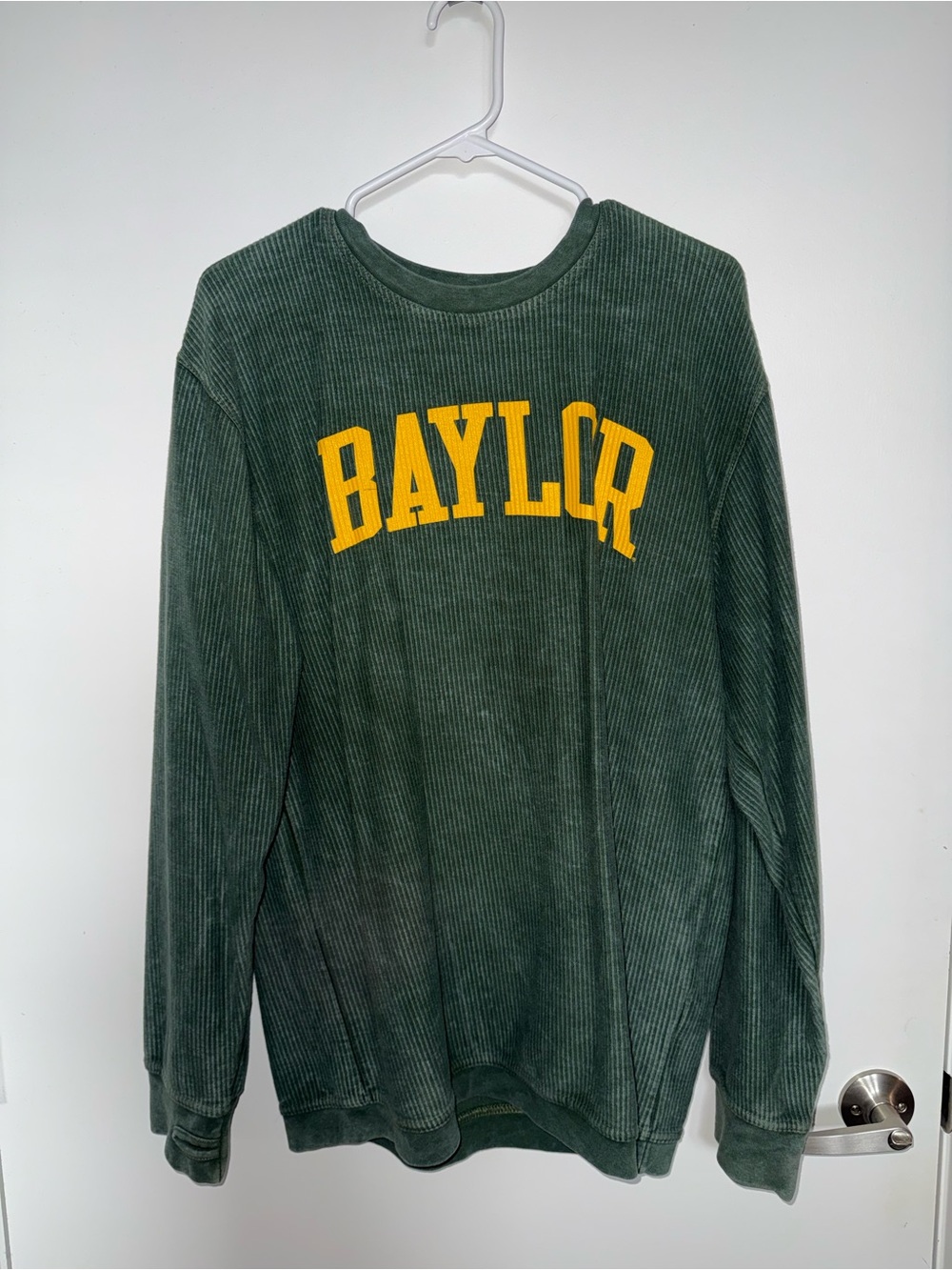 Green Corduroy Crewneck with Yellow BAYLOR Logo